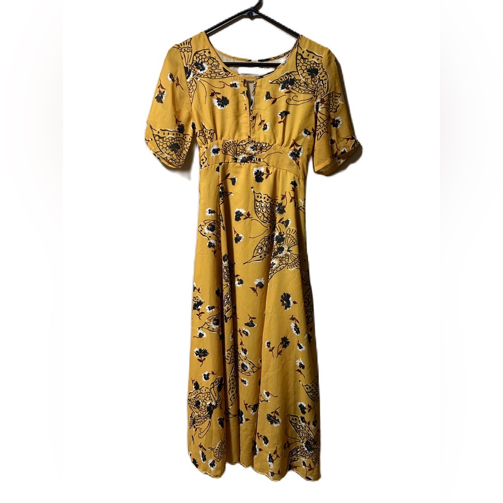 Ninethink A Line Dress Sz Small Gold Blue Floral Butterflies Empire Waist Midi